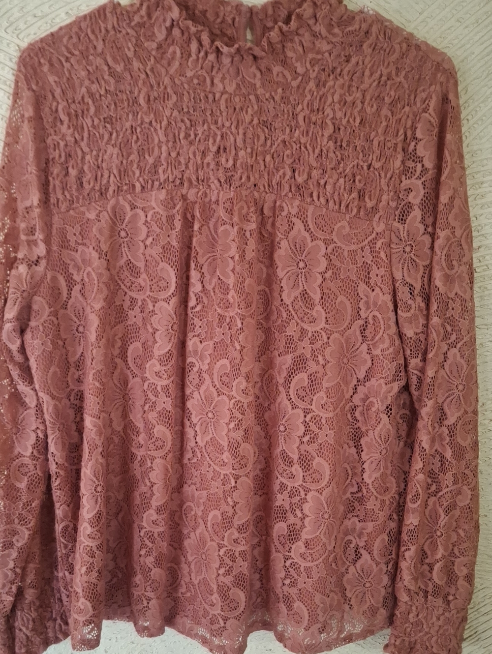 Lace Smocked Yoke Long-Sleeve Top in Dusty Rose